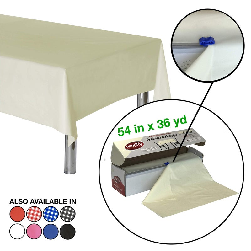 Neatiffy Disposable Plastic Table Cloth Roll | 54 in x 108 Ft Waterproof Tablecloth | Table Cover for Rectangle, Square, Round Oval Tables | Picnic, Party, Banquet, Birthdays, Weddings - Ivory - Image 2